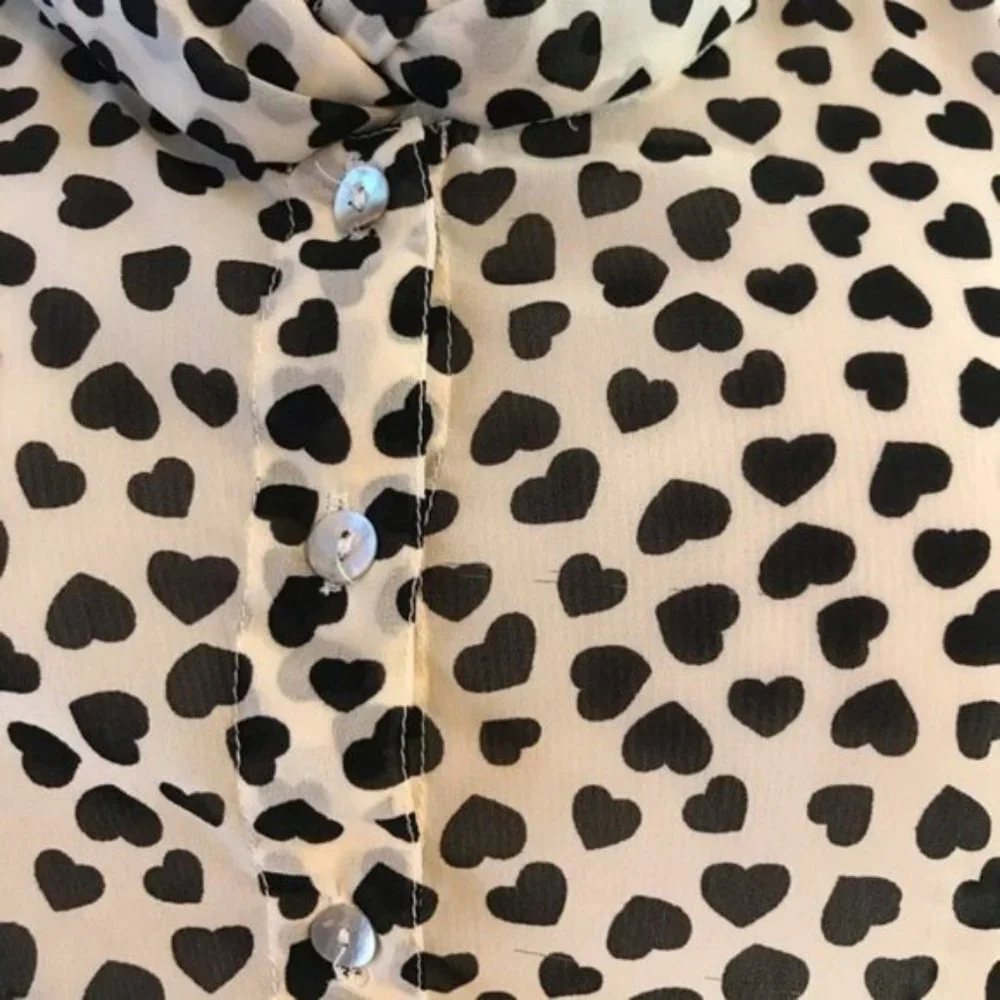 MARISOL: Cream/ Black Heart Button Up Tie Blouse